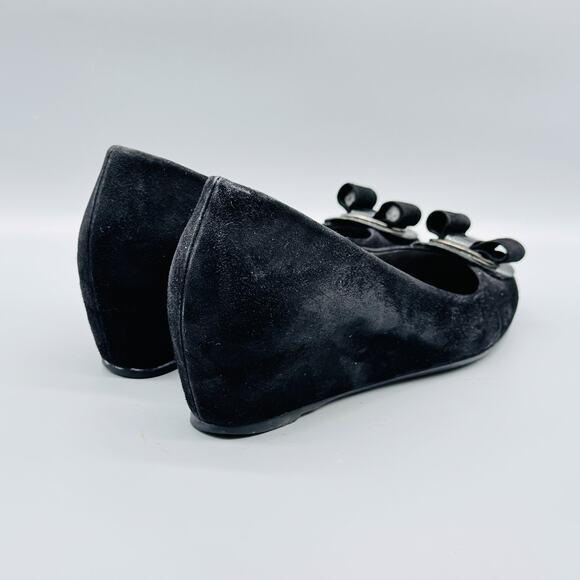 Stuart Weitzman Shoes Womens 8.5 Black Suede Wedge Bow Slip On Made Spain - Picture 7 of 10